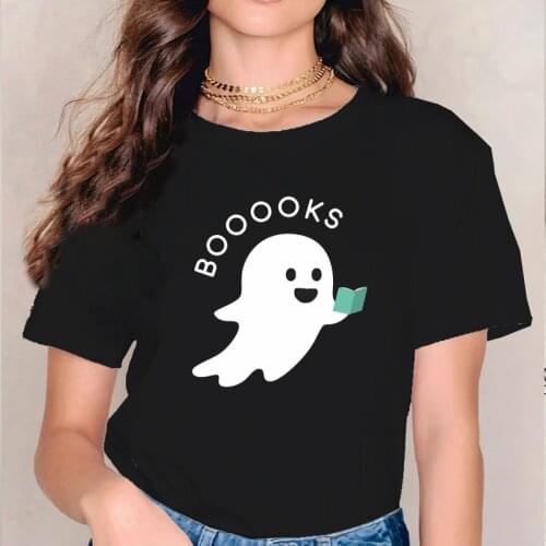 Ghost Books Shirt Halloween Party Teacher Tshirt Aesthetic Tops Women 2021 Halloween Reading Graphic Tees Librarian T-Shirt