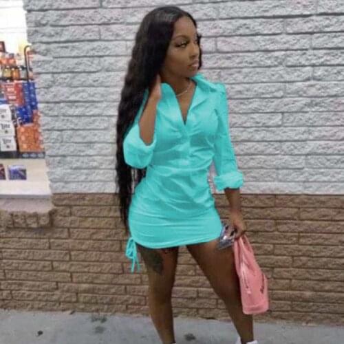 TNNAOFF Aesthetic Solid Loose Drawstring Shirts Mini Dress for Women 2021 Summer Fashion Long Sleeve Button Lounge Wear Dresses