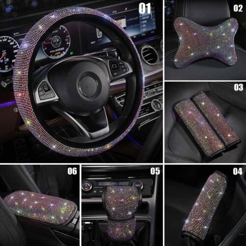 Bling Rhinestones Crystal Car Interior Accessories Diamond Steering Wheel Cover Neck Pillows Waist Support Handbrake Shift Set