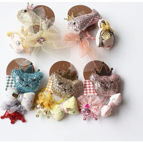 2sets/6pcs/lot Summer Style Rose Gold Kid Hair Clip Cute Gauze Bowknot Hair Grip Bear Hair Ropes BB Hotsale Goldfish Hair Ties