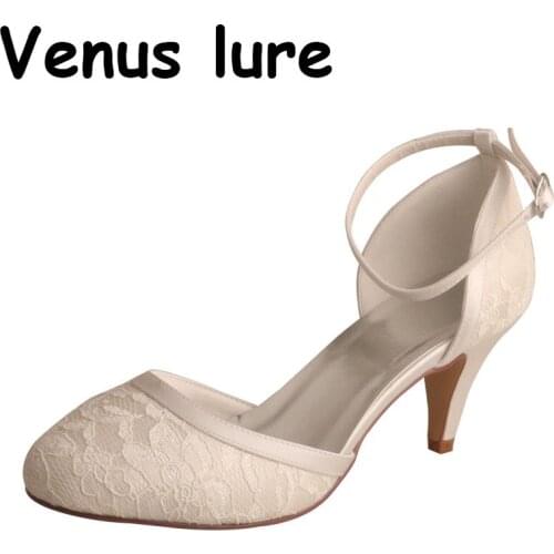 Womens Ivory White Bridal Shoes with Ankle Strap Kitten Cone Heel