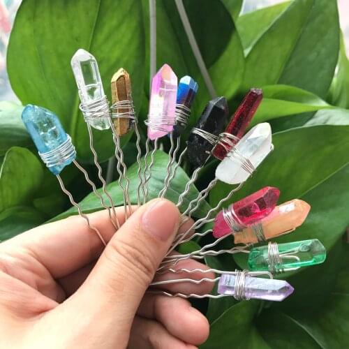 Colourful Raw Quartz Point Hair Pins Tiara,Silvery Wire Wrapped Healing Crystal Party Bridal Women Barrette Hair Jewelry QC5036