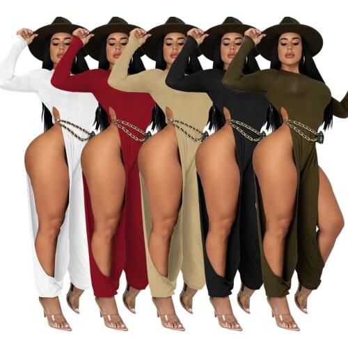 Echoine Sexy Hollow Legless Jumpsuit Autumn New Round Neck Long-sleeved Solid Trousers Rompers Club Party Casual Women Clothes