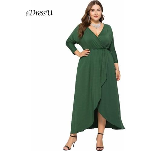 Plus Size Maxi Dress High Low V cut Elegant Evening Party Dress Elastic Formal Wear Green Wedding Guest Dress eDressU LMT-FP6036