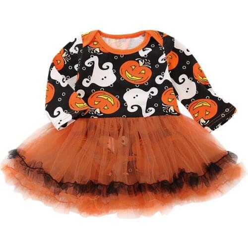 2018 new fashion Halloween dress black pumpkin printing orange veil dress kids wear girls Halloween clothing