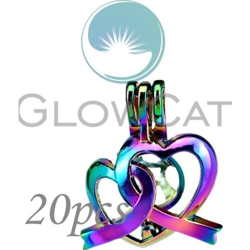 20x CC819 Rainbow Color Lovers' Heart to Heart Beads Cage Jewelry Making Essential Oil Diffuser Pearl Cage Locket Pendant