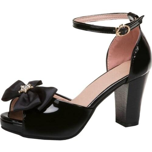 AGODOR Patent Leather High Heel Sandals Peep Toe Ankle Strap Pumps Bowtie Sexy Women Shoes Rhinestone Summer Sandals Size 32-43