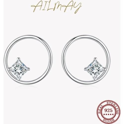 Ailmay 100% 925 Sterling Silver Fashionc Round Earrings Clear Zircon For Women Wedding Engagement Fine Female Jewelry