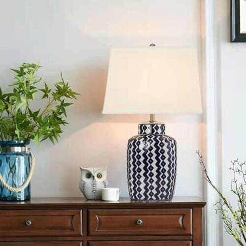 American Simple Retro Blue Ceramic Table Lamp For Living Room Study Bedroom Bedside Lamp Chinese Modern Decoration Night Light