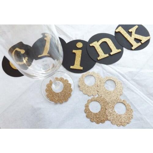 Glitter Scalloped Circles Wine Charms Name Tags Champagne Glass Markers Wedding Bridal Engagement Shower Bachelorette Party