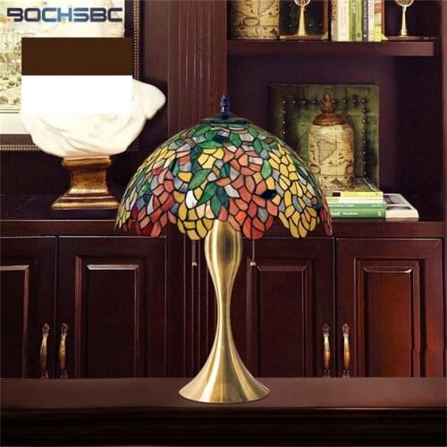 BOCHSBC Red Rose Tiffany Style Desk Light Stained Glass Table Lamp Jade Colorful Wisteria Lampshade Handicraft Art Antique Decor