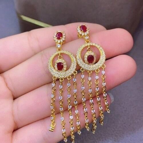 Long Tassels Line Natural Red Ruby Drop Earrings 925 Silver Natural Gemstone Earring Girl for Party Wedding Jewelry