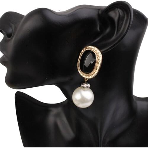 Indian Jewelry Simulated Pearl Earrings Women Exaggerated Big Vintage Black Gold Color Drop Dangle Earrings Wedding Bridal Party