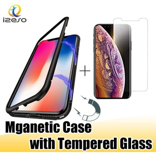 Magnetic Phone Case for iPhone 11 Pro Max Full Coverage Aluminum Alloy Frame with Tempered Glass Phone Back Cover Case