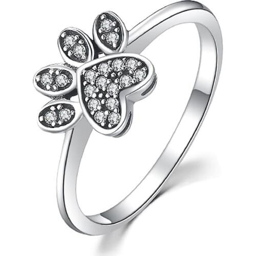 Cute Cat Paw Dog Claw White Zircon Rings For Women Wedding Jewelry Vintage Fashion Silver Color Animal Footprint Engagement Ring