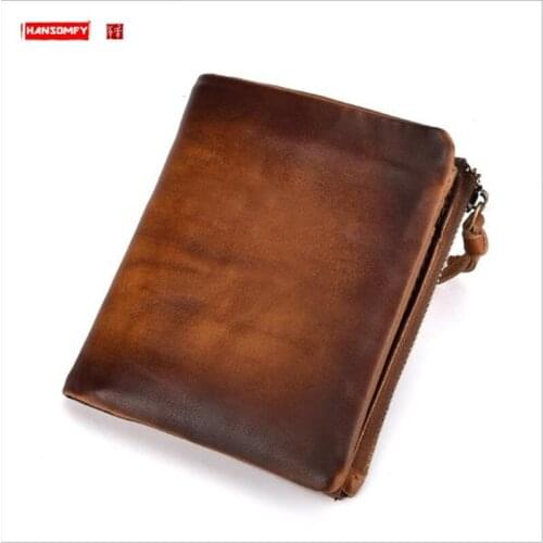 Cowhide Retro Double Zipper Mens Wallet Card Holder Coin Mens Bag Casual Purse Leather First Layer Leather Genuine Leather Men