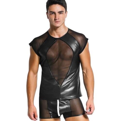 New Fancy Appeal Clothing Mesh Bare Chest Abdominal Muscles Sexy Vest Mens Fad Lingerie With Sexy Black Patent-Leather Mesh Top