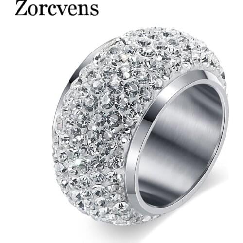 ZORCVENS New Fashion Crystal Ring for Women Gold-Color Stainless Steel Wedding Ring Full CZ