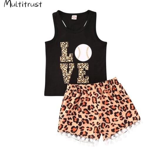 Multitrust Little Girls Outfits 2-Piece Set Summer Fashion Casual Love Letter Vest + Leopard Print Shorts Set