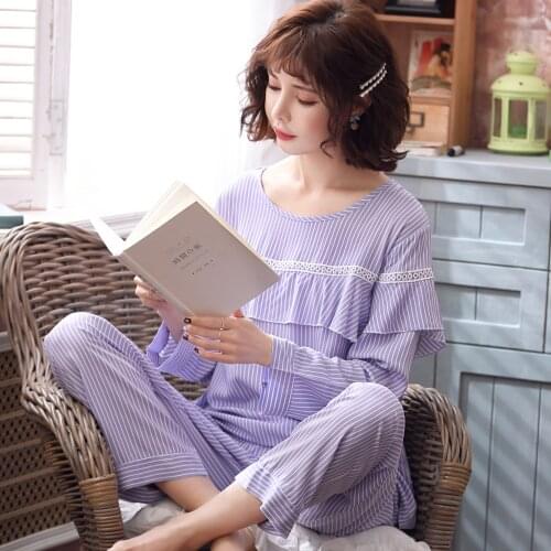 2020 New Printing Pajama Set Woman Korean Sweet Lovely Cotton Long Sleeve Trousers Twinset Pijama Spring Summer Loose Homewear