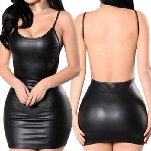 Sexy Faux Leather Shiny Gloss Mini Deep O-Neck Dress Backless Pole Dance Dress Night Club Sex Party Micro Dresses