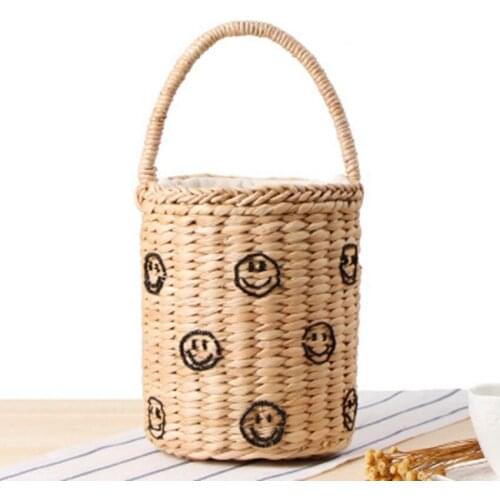 Portable bucket woven bag casual fashion hand carry hand embroidery stars smile face straw bag summer vacation beach bag