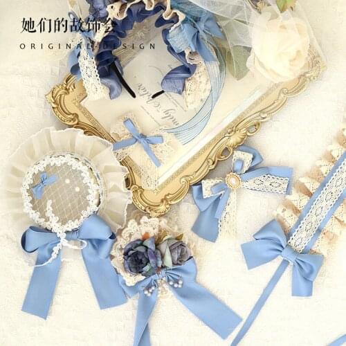 Fog Blue Palace Style Headwear Lolita Girl Hair Clip Flower Pill Gorgeous KC Hair Hoop Bowknot Lace Headband Side Clip Elegant