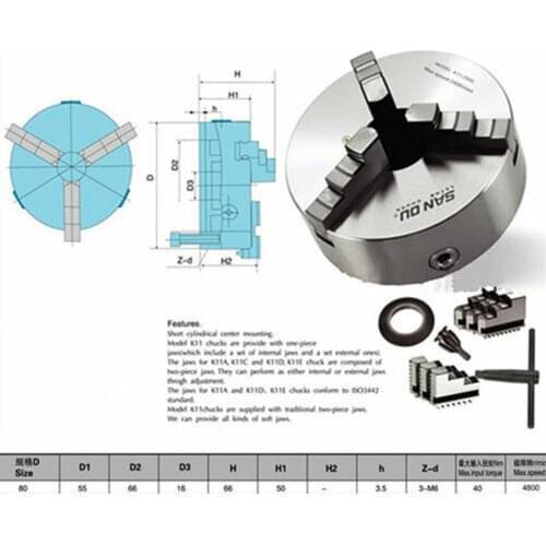 SANOU K11-80 3 Jaw Self Centering Chuck Hardened Steel Jaw Chuck Milling Machine