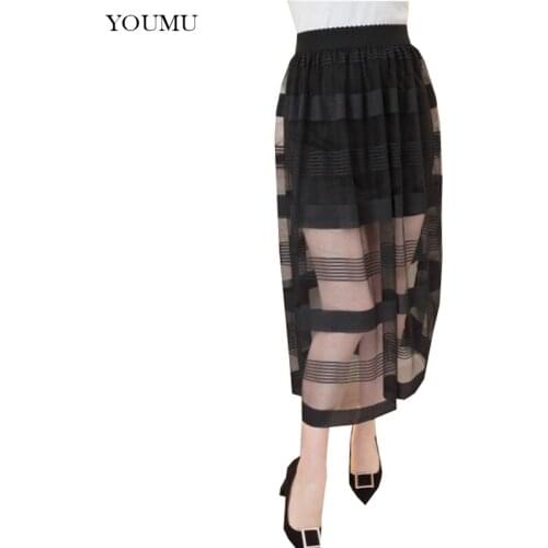 Sexy Women Asymmetrical Skirt Mesh Ankle-Length Long Transparent Summer Underskirt Black Casual Streetwear Skirts 200-A820