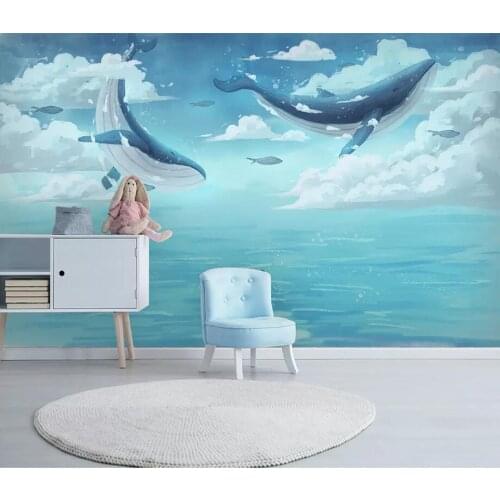 Nordic creative watercolor Mediterranean Sea whale children bedroom living room background wall