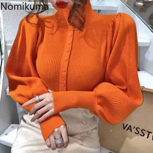 Nomikuma Sweater Coat Korean Puff Long Sleeve Women Knitwear 2021 Spring New Single Breasted Turtleneck Knitted Cardigan 6D839