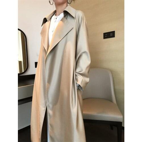 High-end Minimalist Windbreaker 2019 Autumn New Large Size Womens Loose Long Lapels Simple Trench Coat Long- Sleeve Tops f1922