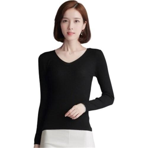 High grade pure wool knit women fashion Vneck slim pullover sweater solid color M-XL retail wholesale