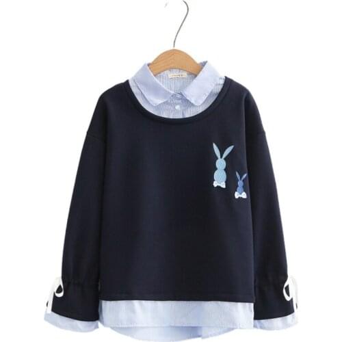 Cartoon Embrodery Women Fleece Hoodies Long Sleeve Turndown Collar Patchwork Sweatshirts Sweet Style Fake Two Piece Pullovers