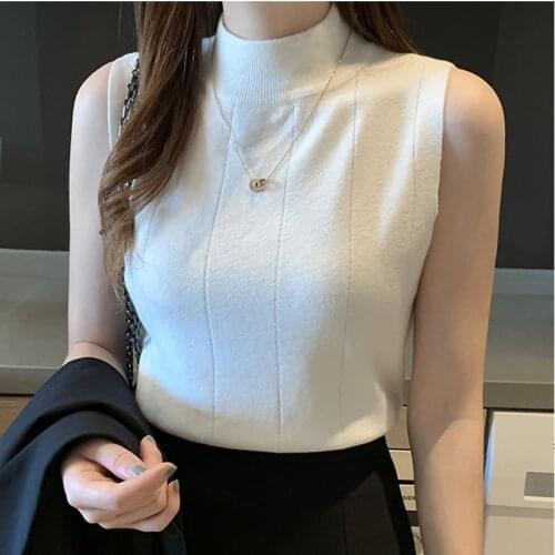 T Shirts Female Knitted Women Tops Tees Shirts Slim fit shirt Summer 2020 Sleeveless Turtlneck Office Ladies Casual Tshirt
