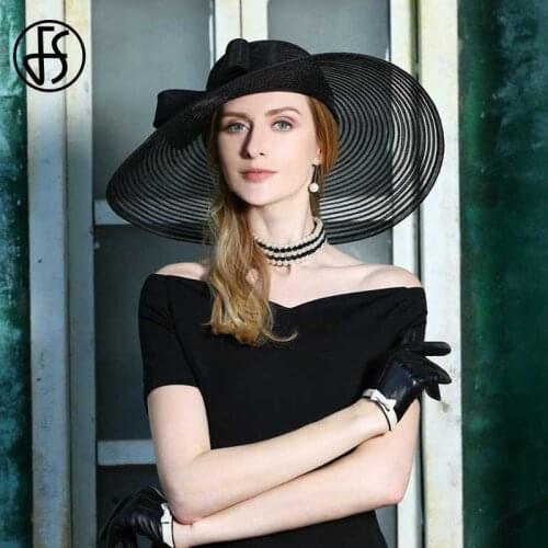 FS 2019 Linen Fedora Hat Black Bowknot Women Big Wide Brim Wedding Hats Summer White Vintage Church Elegant Fedora Chapeau Femme