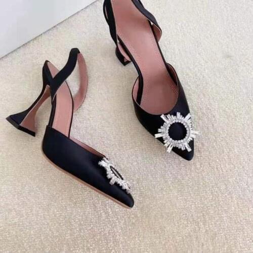 New Season Women Shoes 95 Begum Sling Black Satin Crystal Slingback Sandal Heels Wedding Pumps