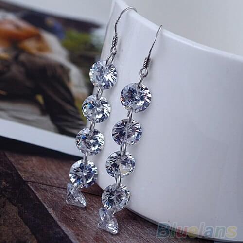 New Womens Bridal Elegant 5 Rhinestones Zircon Long Tassels Hook Earrings Jewelry 1VEM 6P75