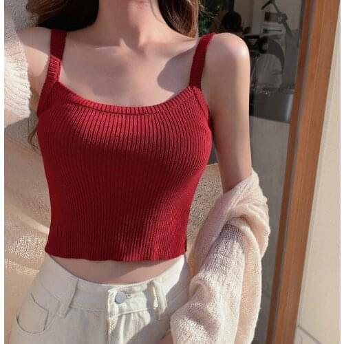 Retro Sexy Sleeveless Slim Knitted Solid Color Camisole Women Summer All-match Loose Stripes Tank Top