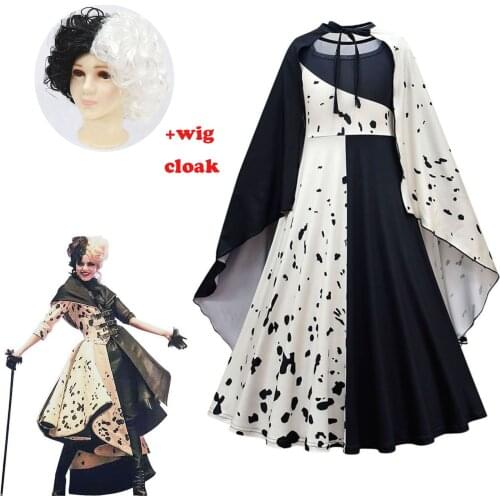 2021 Movie Evil Madame Cruella De Vil Cosplay Costume Kids Black White Gown Maid Dress Halloween Party Dress Set