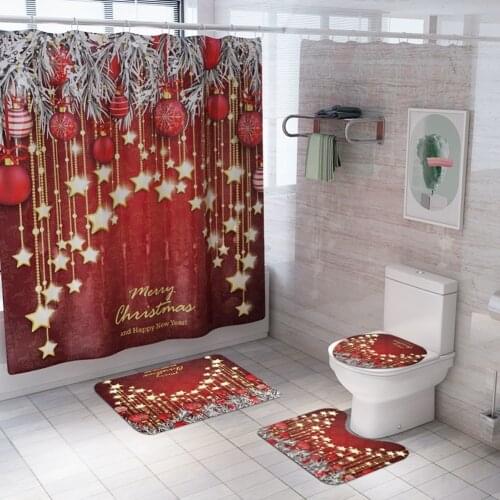 4Pcs Bathroom Accessaries Set Christmas Decor Shower Curtain Toilet Seat Cover Flannel Mat Bathroom Product Home Decor