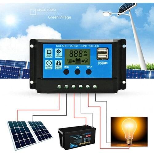 12V/24V HD LCD Auto Work Solar Charge Controller 10A/20A/30A PWM Dual USB Output Solar Cell Panel Charger Regulator