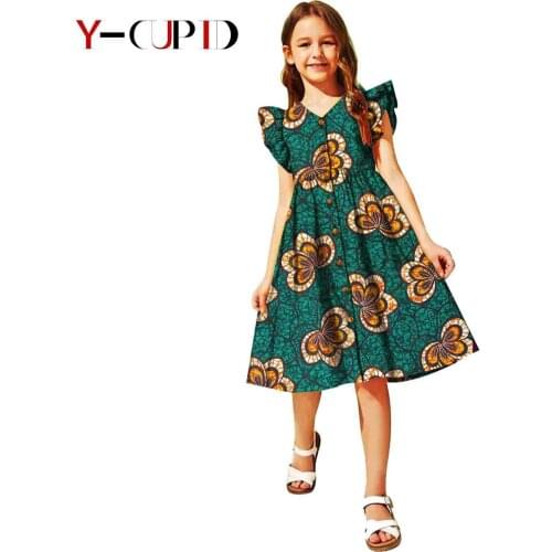 African Clothes for Kids Girls Ankara Print Butterfly Sleeve Dresses Bazin Riche Children Knee-length Long Shirts Party YS204008