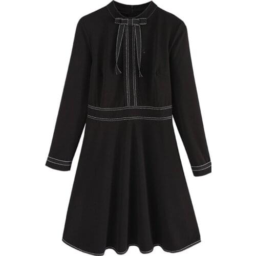 PERHAPS U Black O Neck Full Long Sleeve Fit And Flare Solid Knee Length Bow Autumn Winter Dress Elegant D0829