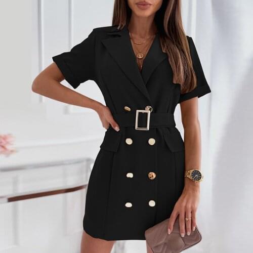 Elegant Women Sexy Slim Fashion Dress Office Lady Solid Short Sleeve Mini Dress Double-Breasted Lapel Fit Belt Suit Dress Autumn