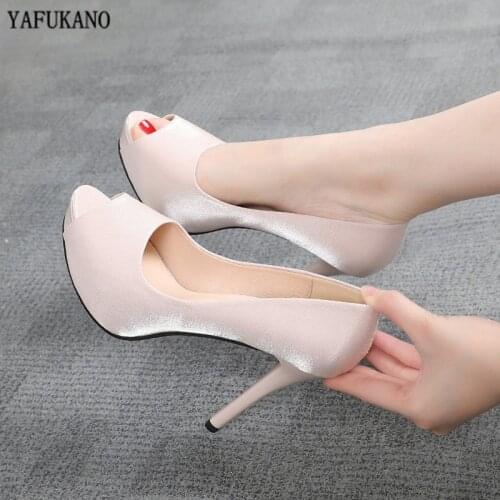 Elegant Satin Silk Platform Women Pumps 10Cm Sexy Nightclub Catwalk Single Shoes Sexy Peep Toe Thin Heels High Heels Size 32 33