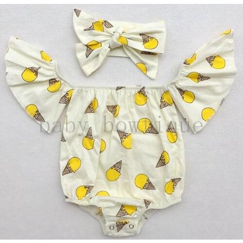 Ice Cream Print Summer Floral Baby girl off the shoulder romper with headband