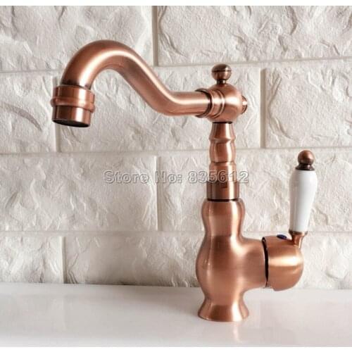 Red Copper Swivel Spout Bathroom Faucet Wash Basin Mixer Sink Faucets Deck Mount Ceramic Handle Cold &Hot Water Mixer Tap Wnf405