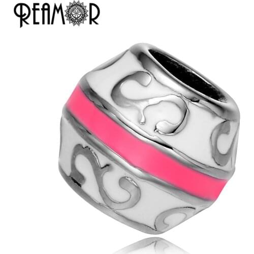 REAMOR 316l Stainless Steel Pink Stripe Enamel Round European Beads Fit Original Pan Bracelet Luxury DIY Jewelry Gift