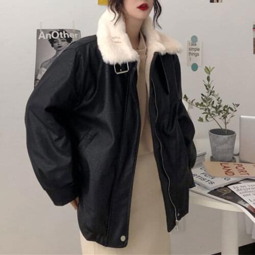 JuneLove women winter warm coats vintage loose motorcycle clothing fur collar PU leather jackets fashion casual thick outwears